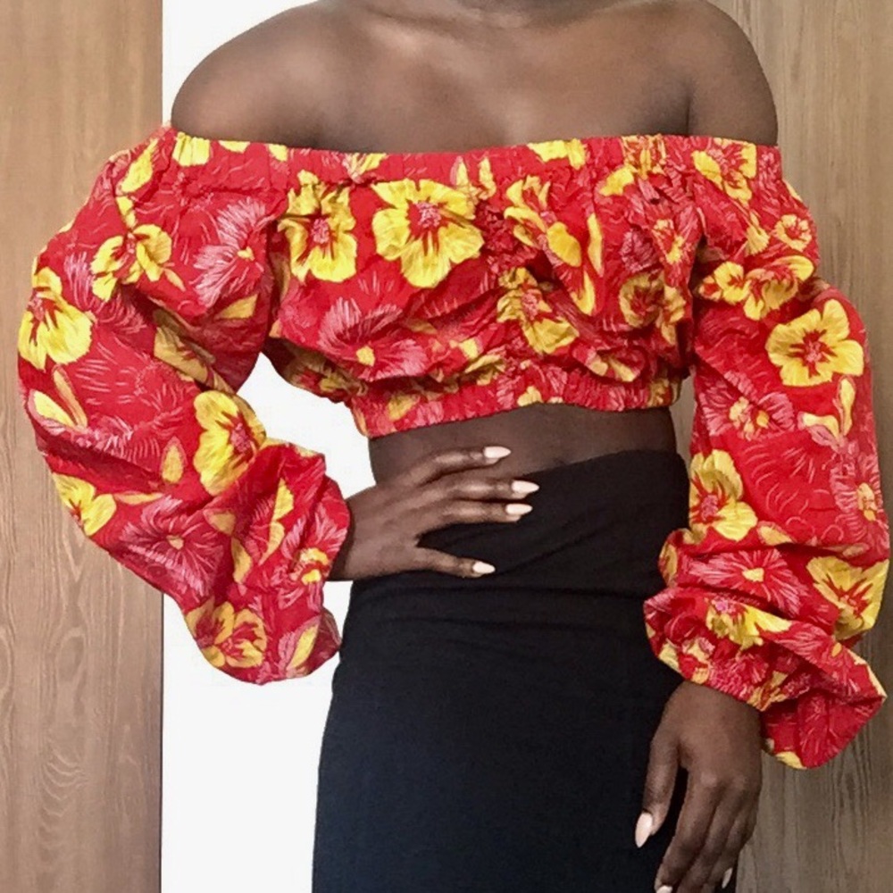 Red and yellow cold shoulder African print top